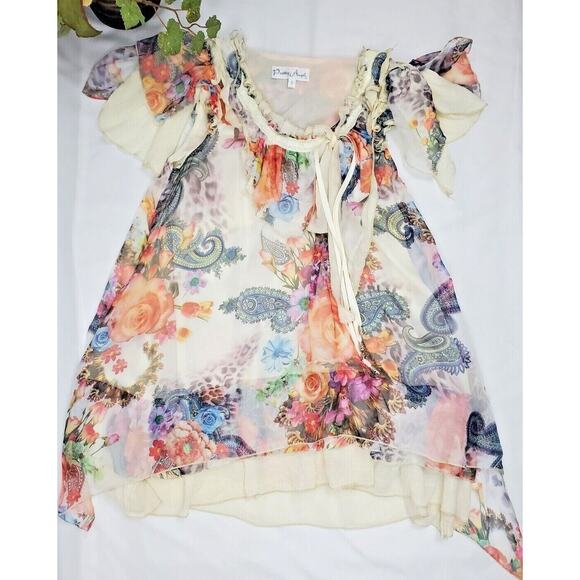Pretty Angel Gypsy Size S Small Top Floral Lace Fringe Silk Boho Womens Shirt - Picture 2 of 8